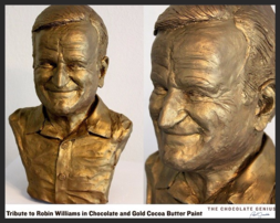 A bronze bust of robin williams in chocolate and gold cocoa butter paint.
