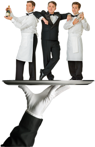 Waiters and butler posing on serving tray.