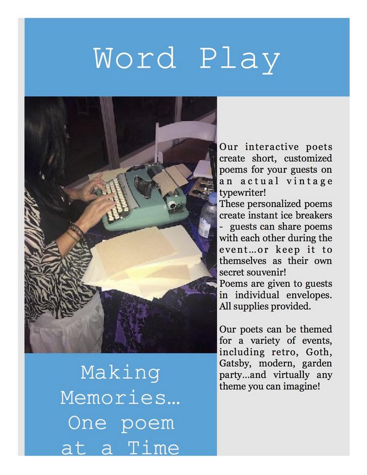 Person typing on vintage typewriter, promotional poster.