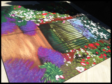 Colorful chalk drawing of a garden gate.