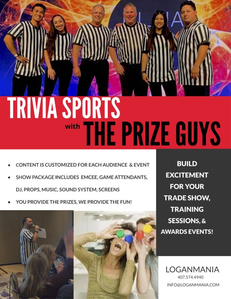 Group in referee shirts promoting trivia event.