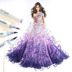 A drawing of a woman in a purple dress